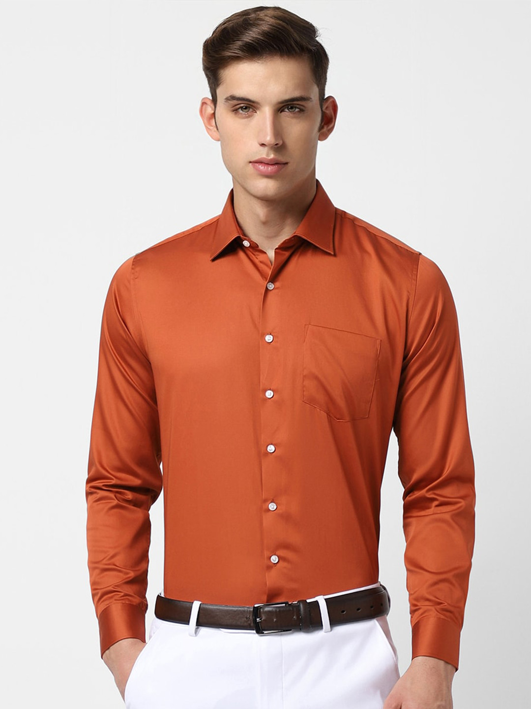 

V Dot Slim Fit Spread Collar Long Sleeves Pure Cotton Formal Shirt, Orange