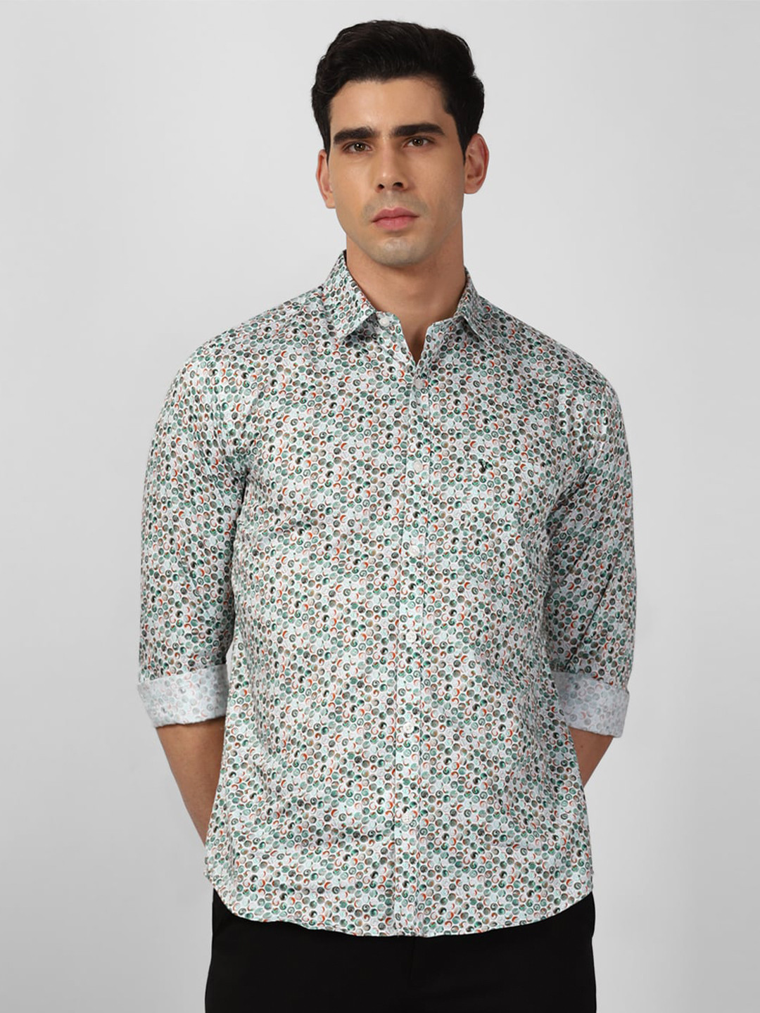 

V Dot Slim Fit Geometric Printed Spread Collar Chest Pocket Pure Cotton Party Shirt, White