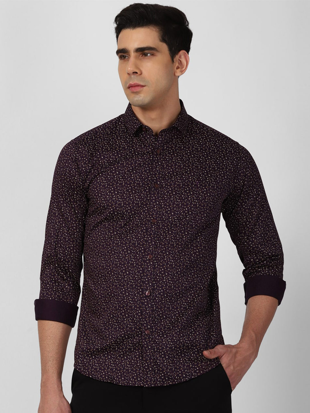 

V Dot Micro Ditsy Printed Pure Cotton Slim Fit Shirt, Maroon
