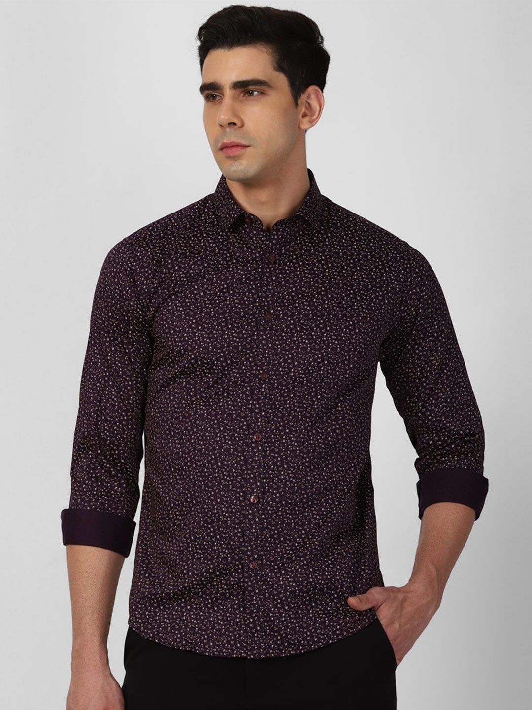 

V Dot Slim Fit Micro Ditsy Printed Party Shirt, Purple