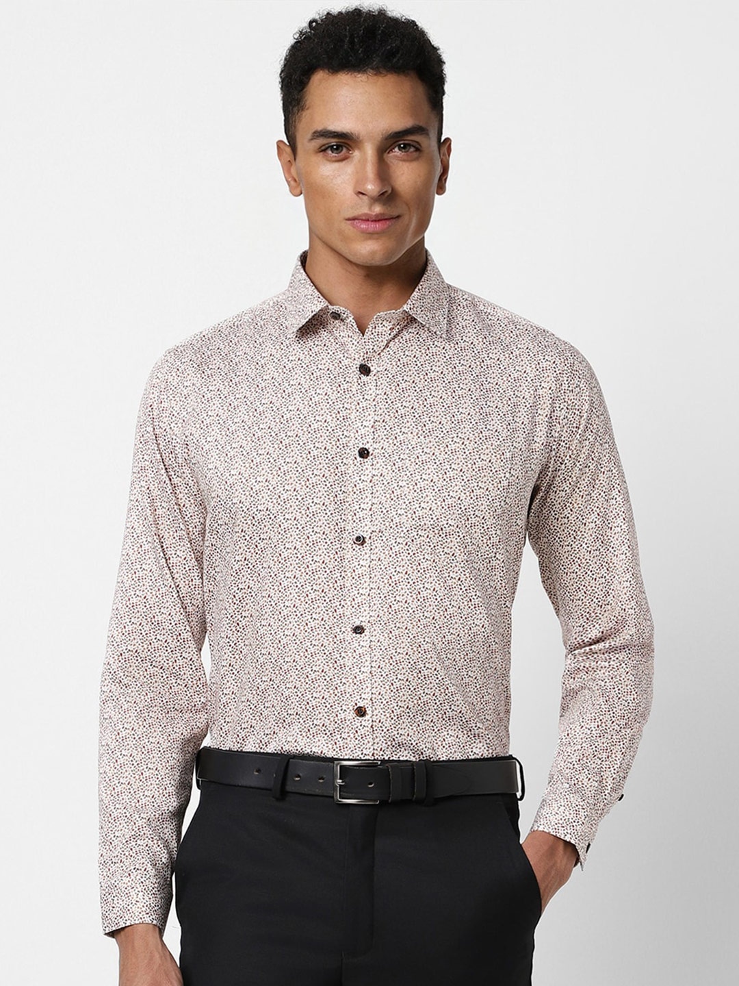 

V Dot Slim Fit Micro Ditsy Printed Pure Cotton Formal Shirt, Beige