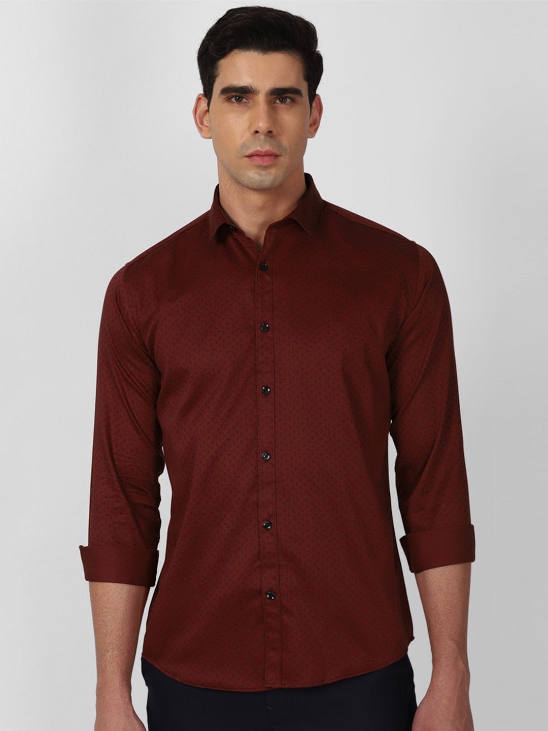 

V Dot Slim Fit Micro Ditsy Printed Pure Cotton Casual Shirt, Maroon