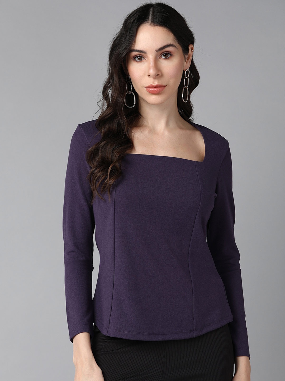 

Roadster Sqaure Neck Long Sleeves Cut Out Tops, Purple