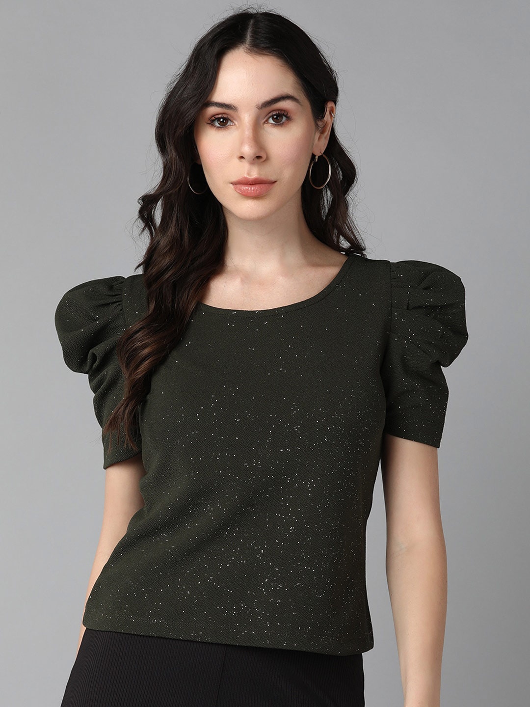 

Roadster Embellished Puffed Sleeves Top, Olive
