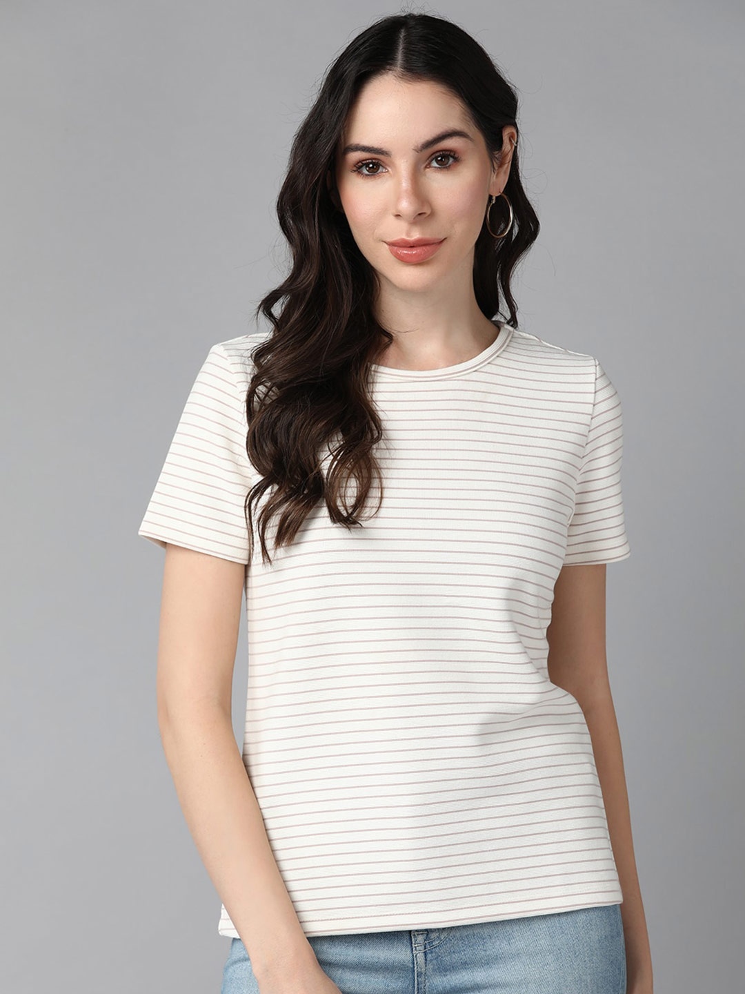 Roadster Striped Round Neck Top, White