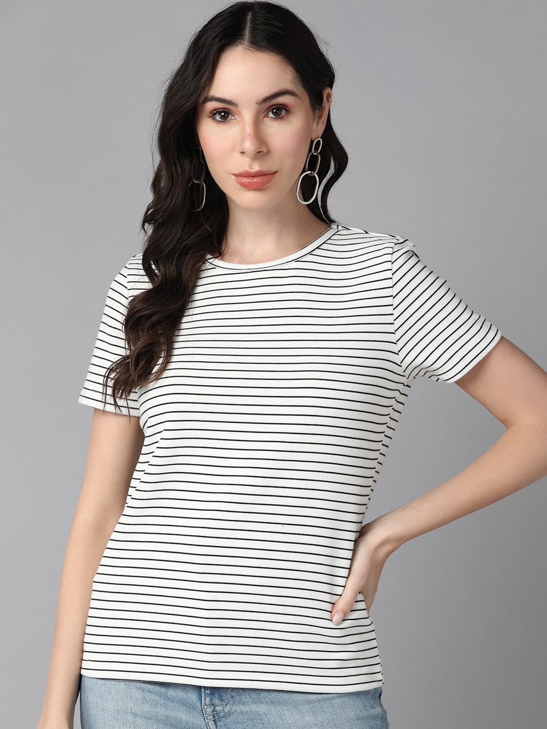 

Roadster Striped Round Neck Regular Fit Tshirts, White