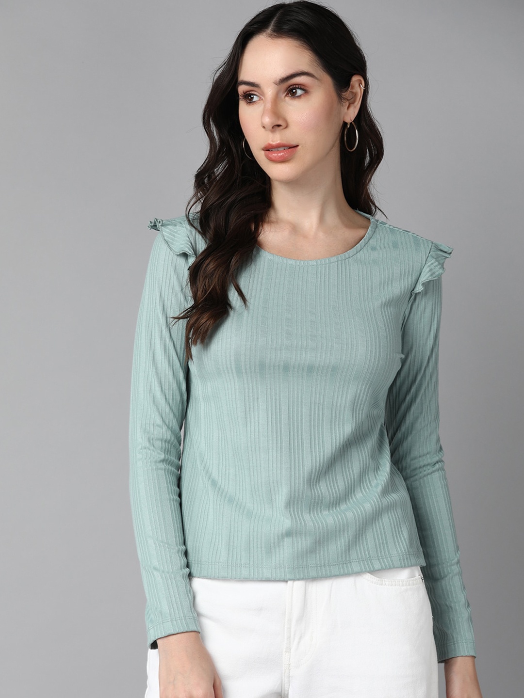 

Roadster Self Design Ruffles Long Sleeves Top, Green