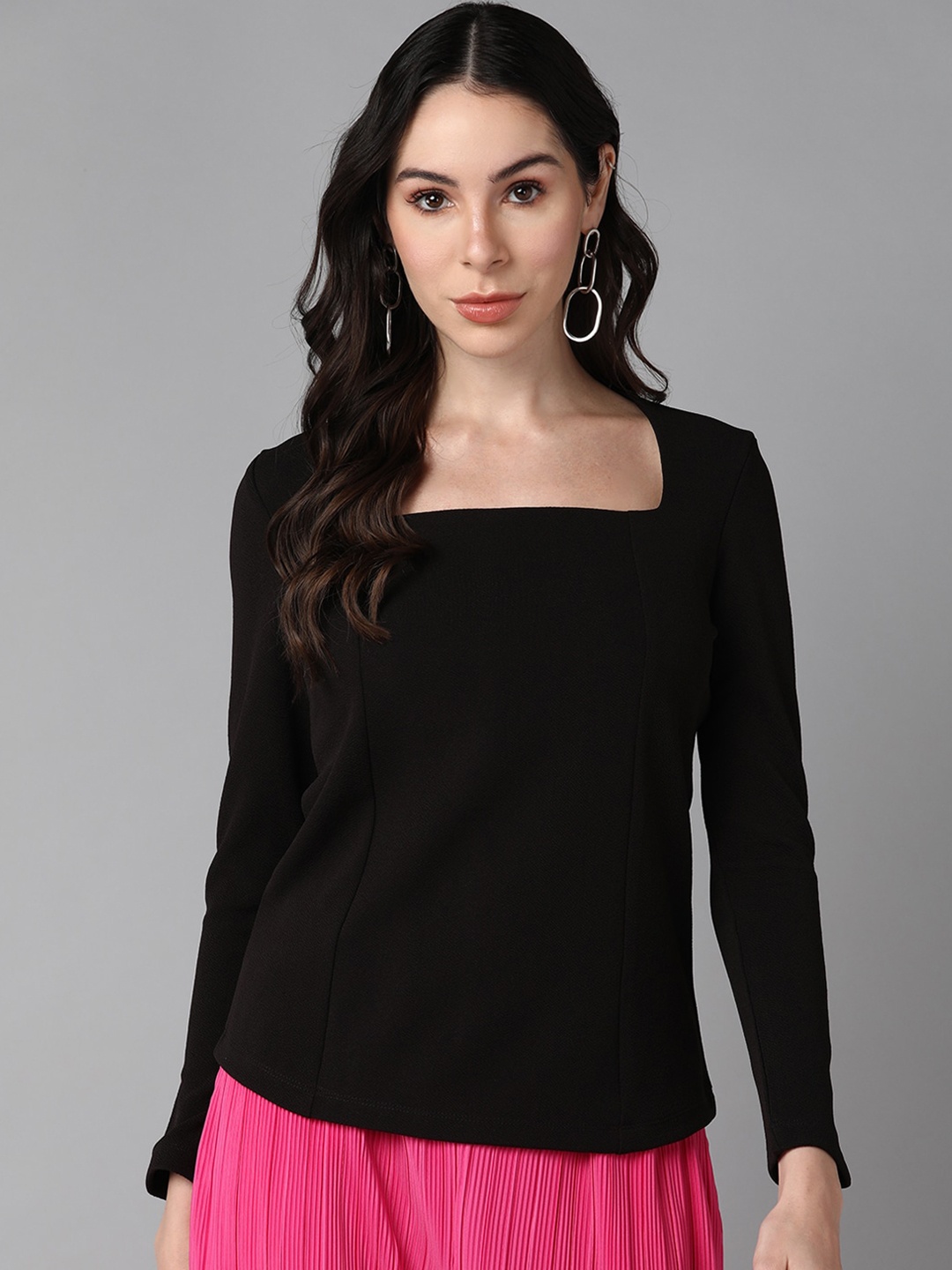 

Roadster Sqaure Neck Long Sleeves Cut Out Top, Black