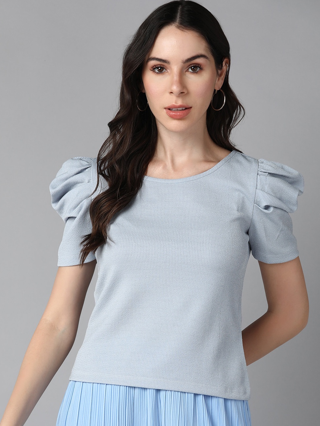 

Roadster Round Neck Puff Sleeved Top, Grey