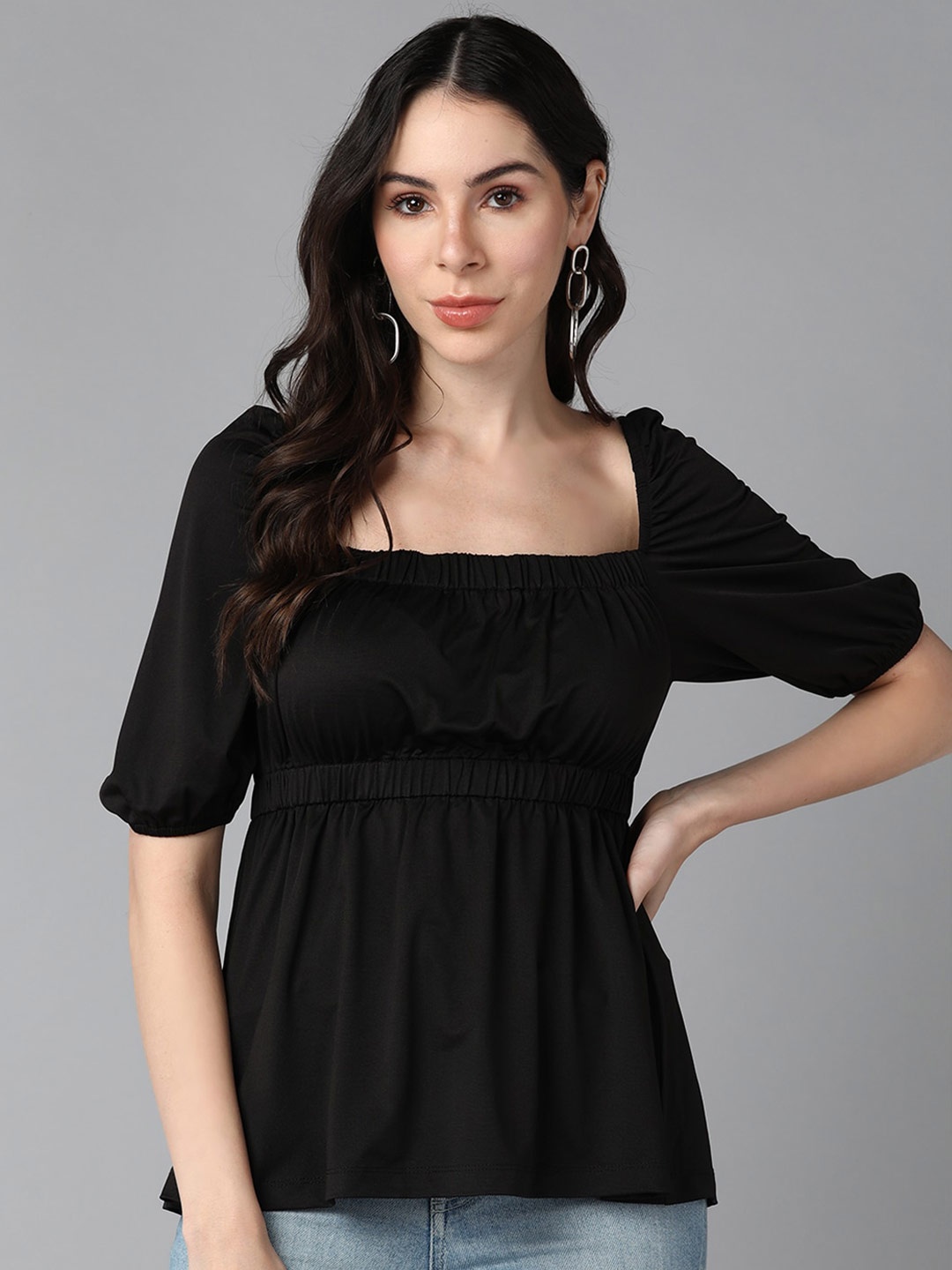 

Roadster Sqaure Neck Puff Sleeves Gathered Empire Top, Black