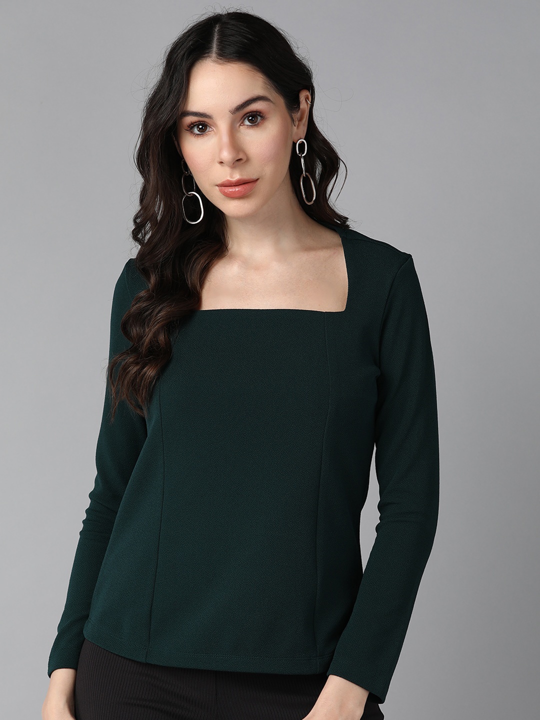 

Roadster Sqaure Neck Long Sleeves Cut Out Tops, Green