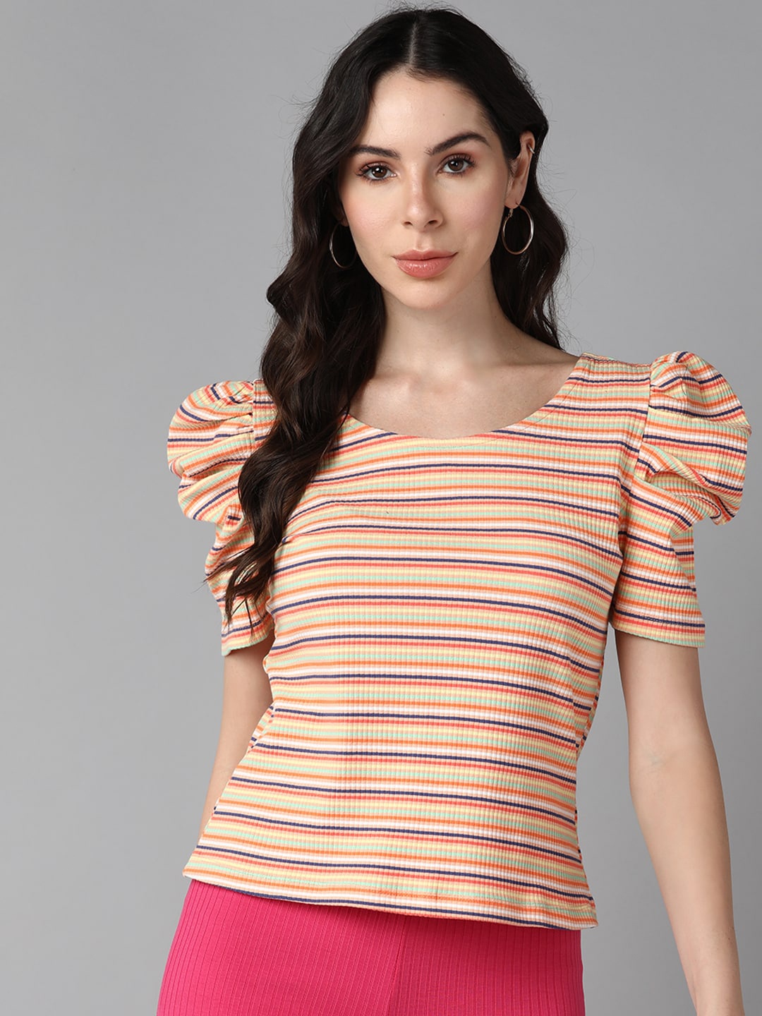 

Roadster Striped Round Neck Puff Sleeves Top, Beige