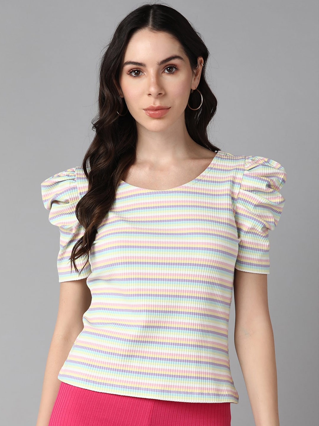 

Roadster Striped Puff Sleeves Fitted Top, Na