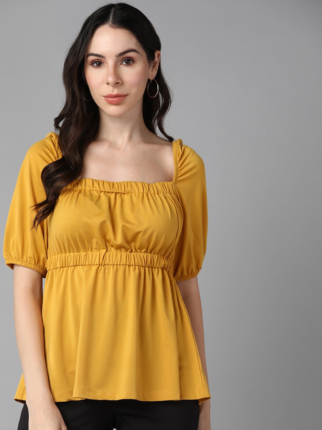 

Roadster Square Neck Puff Sleeved Empire Top, Mustard