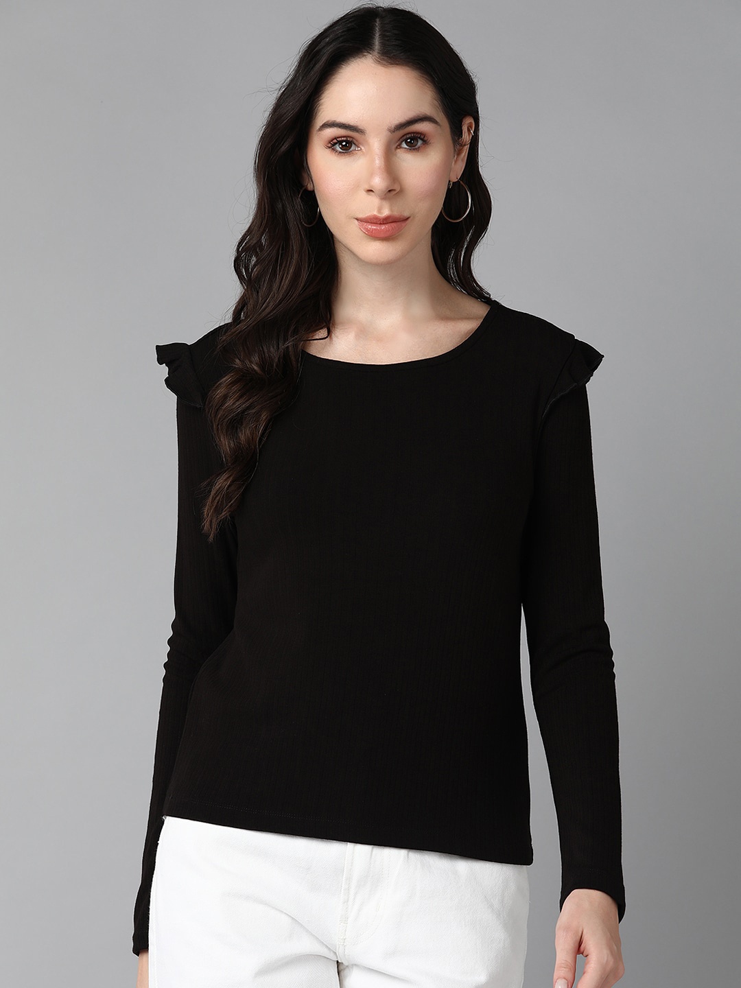 

Roadster Round Neck Ruffles Long Sleeves Top, Black