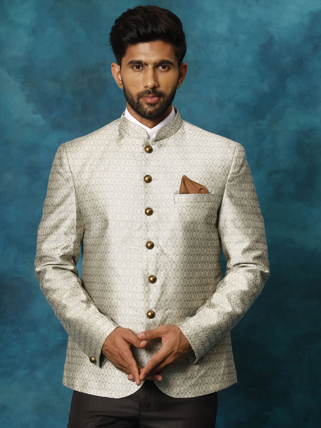 

VASTRAMAY Self Designed Slim Fit Mandarin Collar Single Breasted Bandhgala Blazer, Grey