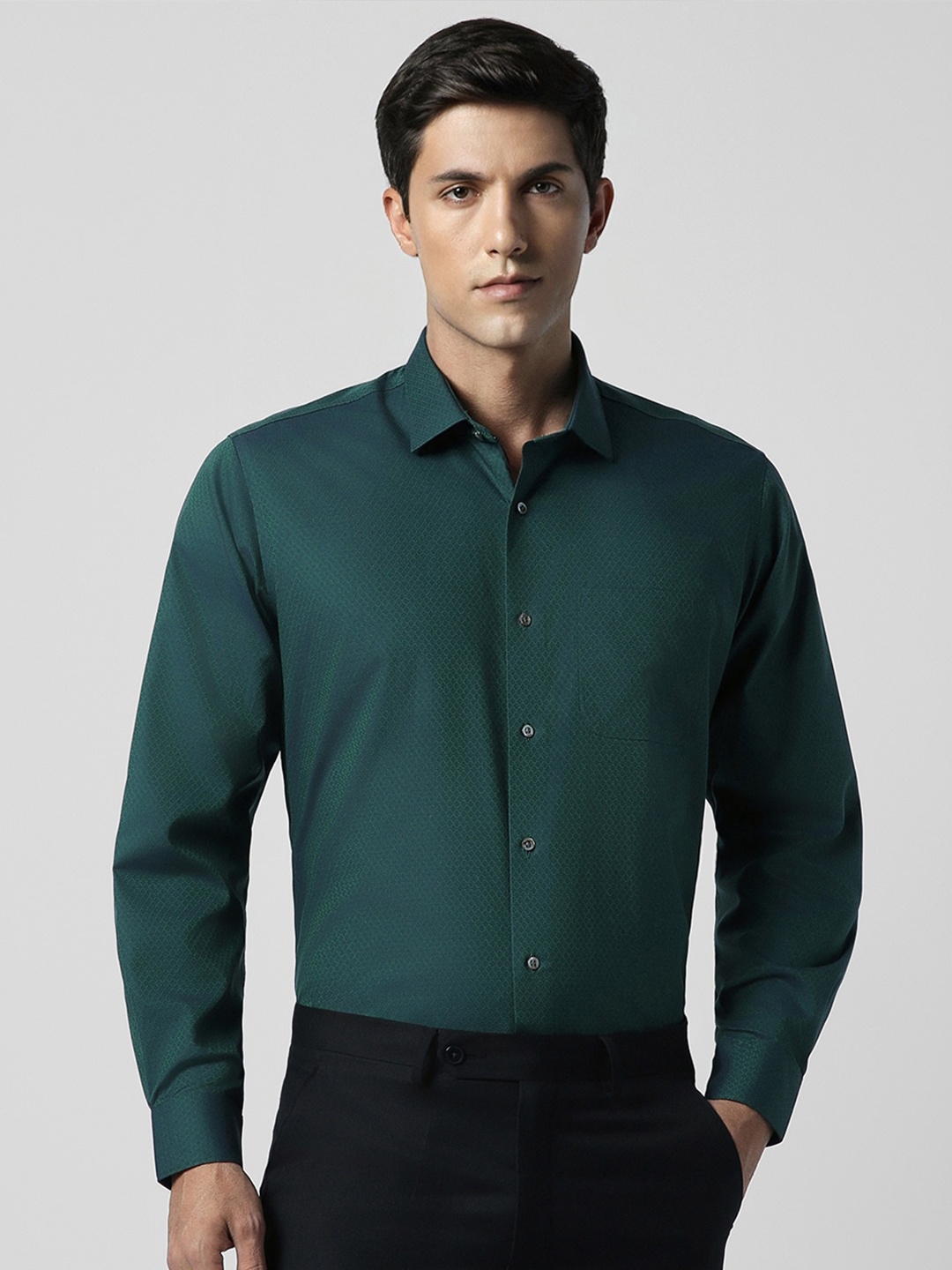 Van Heusen Self Design Textured Opaque Pure Cotton Formal Shirt, Green