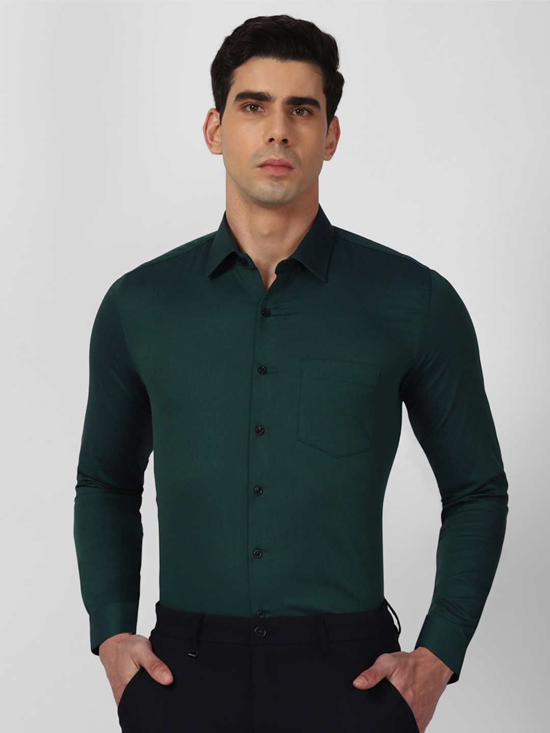 

Van Heusen Self Design Textured Opaque Pure Cotton Formal Shirt, Green