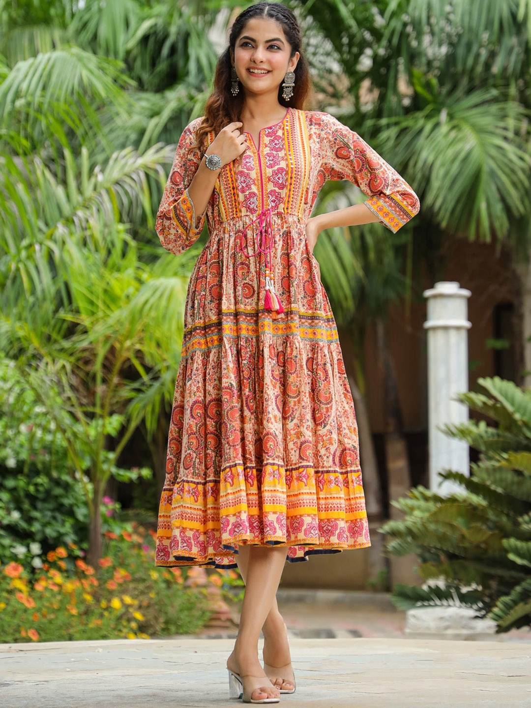 

Rain & Rainbow Ethnic Motifs Printed Fit and Flare Ethnic Dresses, Beige