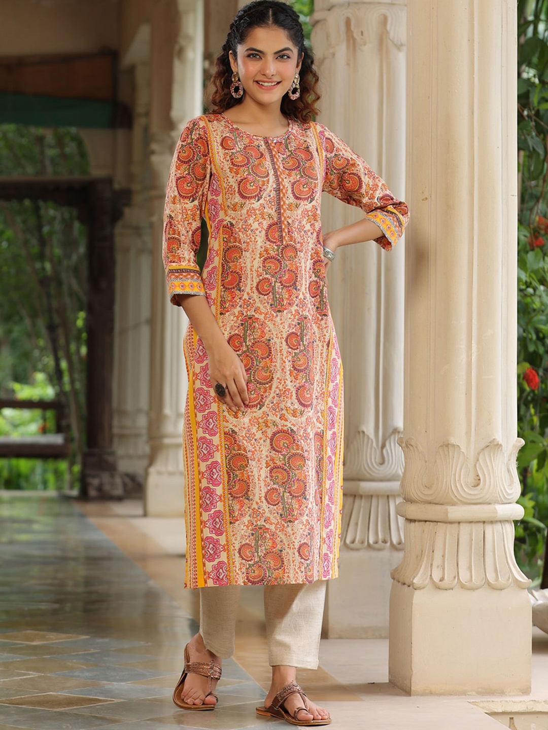 

Rain & Rainbow Ethnic Motifs Printed Pure Cotton Straight Kurta, Beige