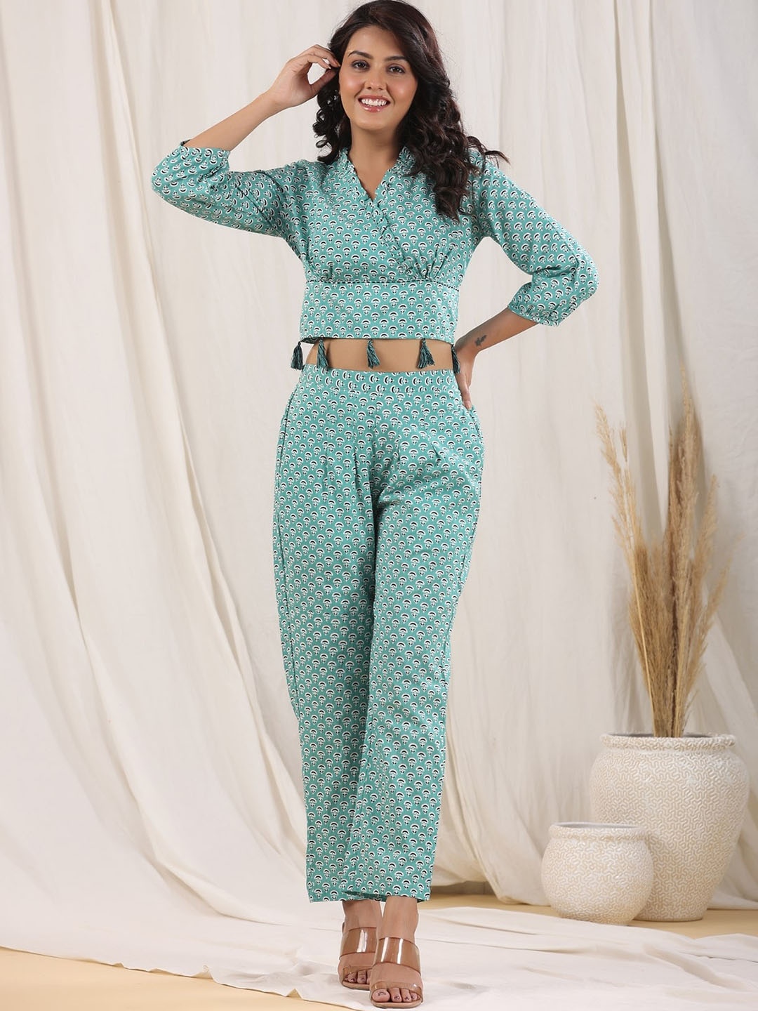 

Rain & Rainbow Printed V-Neck Puff Sleeve Pure Cotton Co-Ords, Teal