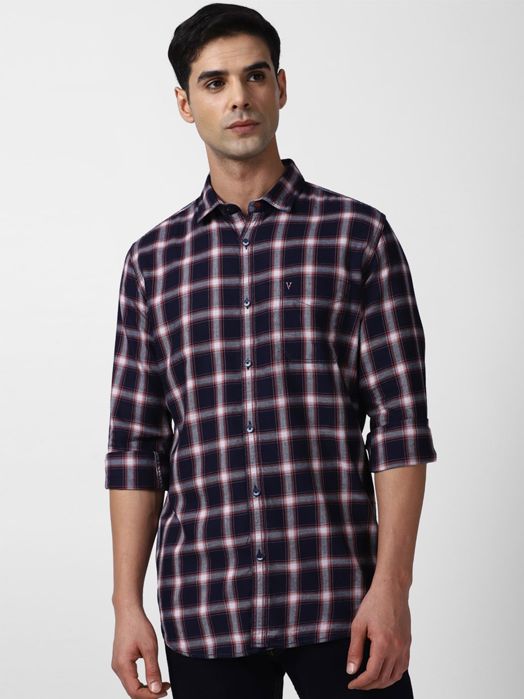 

VAN HEUSEN DENIM LABS Slim Fit Tartan Checked Pure Cotton Casual Shirt, Navy blue