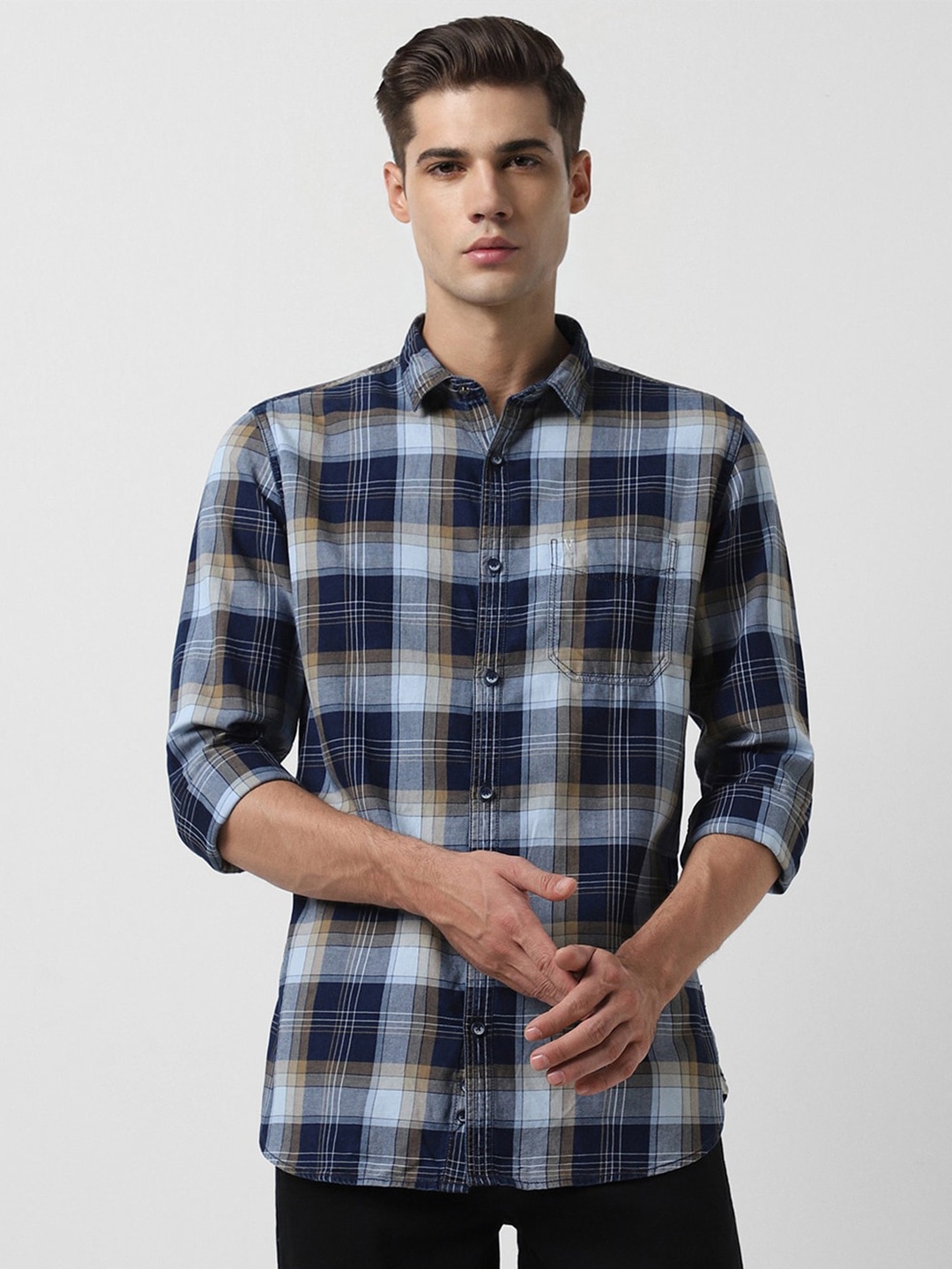 

VAN HEUSEN DENIM LABS Slim Fit Tartan Checks Checked Pure Cotton Casual Shirt, Blue