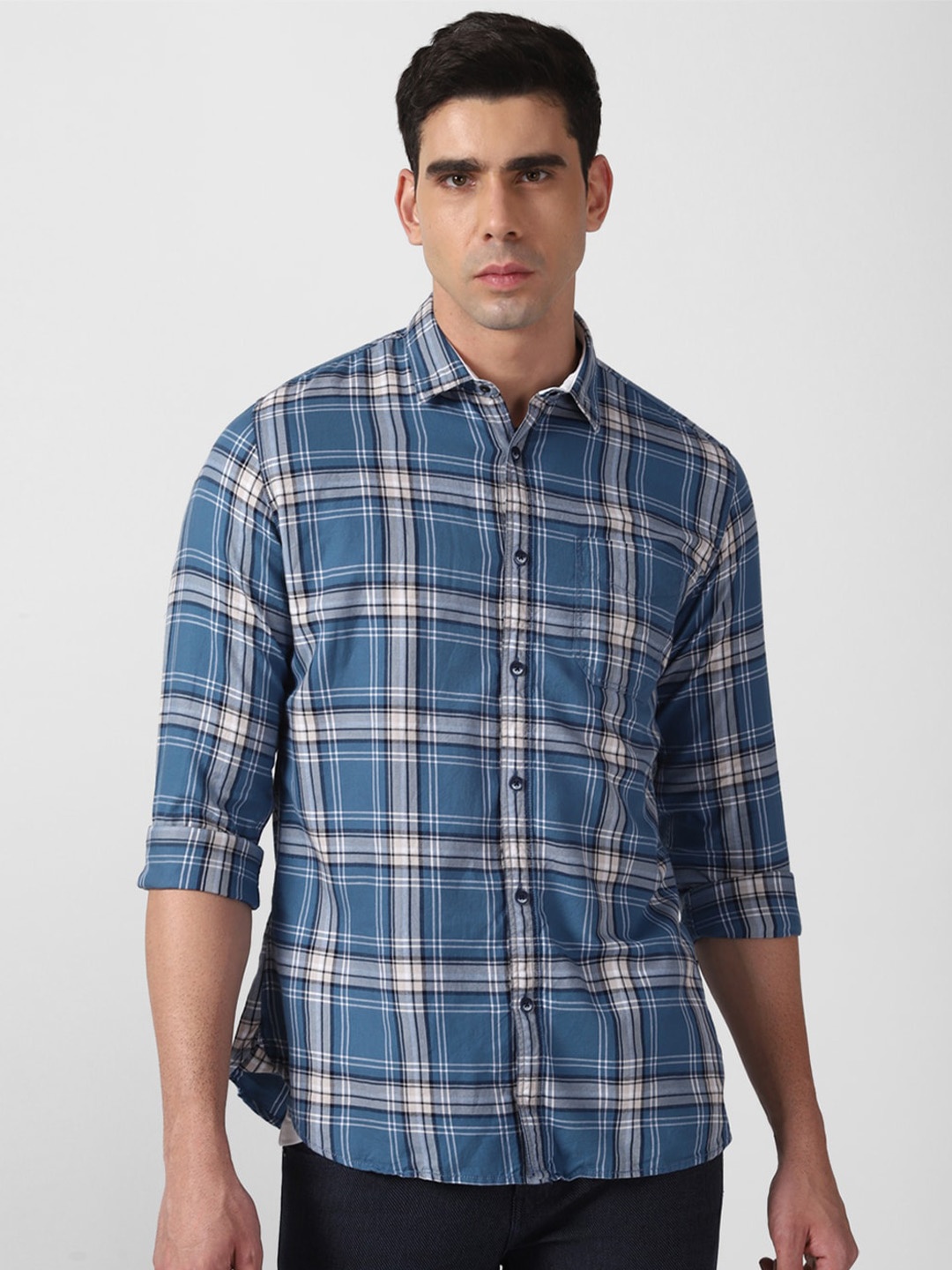 

VAN HEUSEN DENIM LABS Slim Fit Tartan Checks Checked Pure Cotton Casual Shirt, Blue