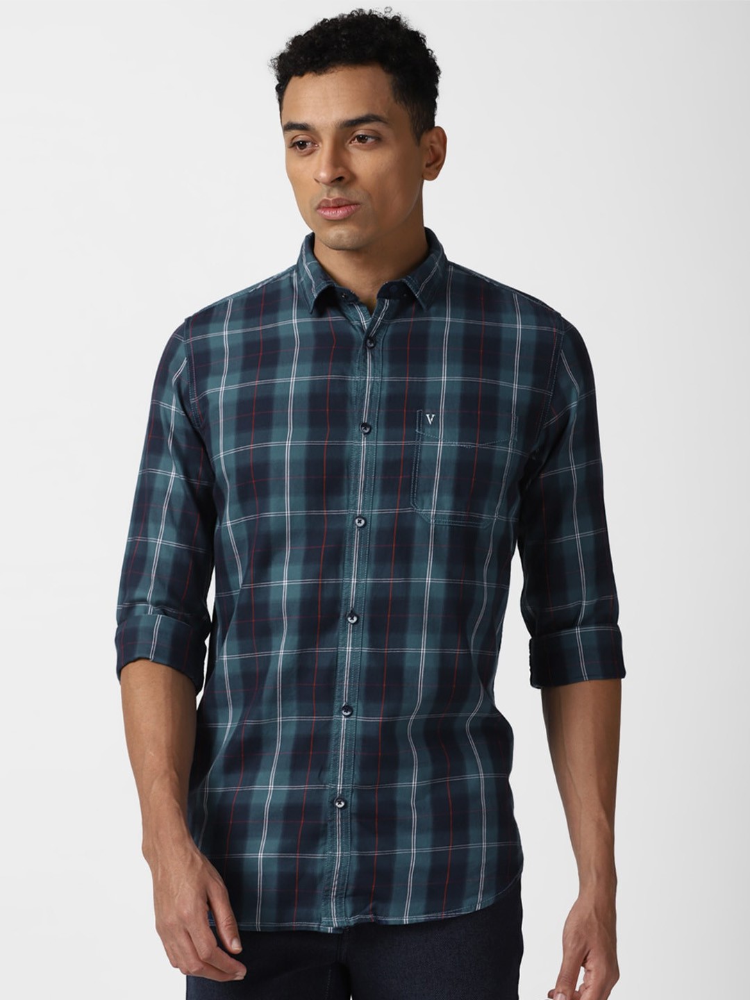 

VAN HEUSEN DENIM LABS Slim Fit Tartan Checked Pure Cotton Casual Shirt, Navy blue