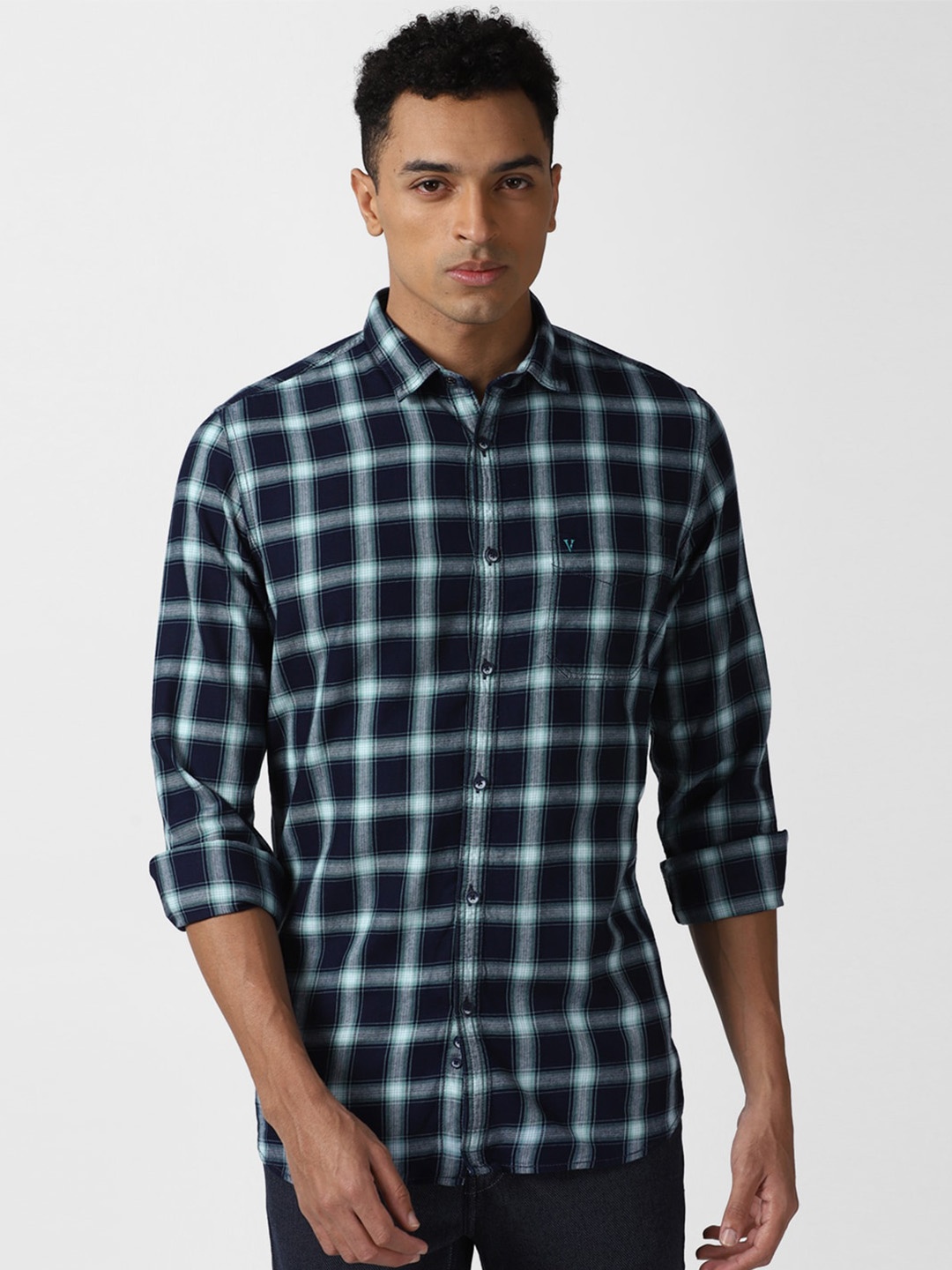 

VAN HEUSEN DENIM LABS Slim Fit Checked Pure Cotton Casual Shirt, Navy blue