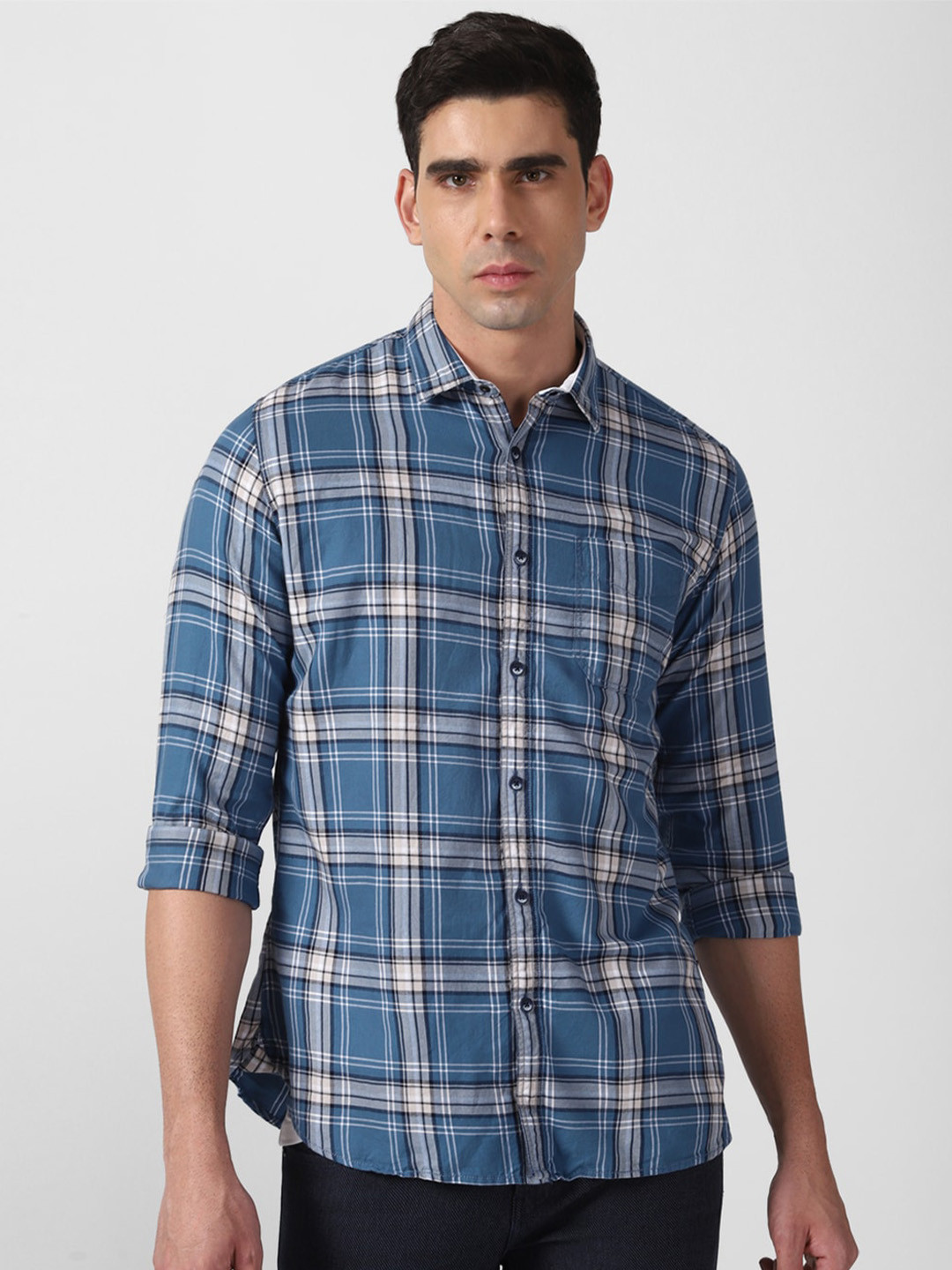 

VAN HEUSEN DENIM LABS Slim Fit Tartan Checks Checked Pure Cotton Casual Shirt, Blue