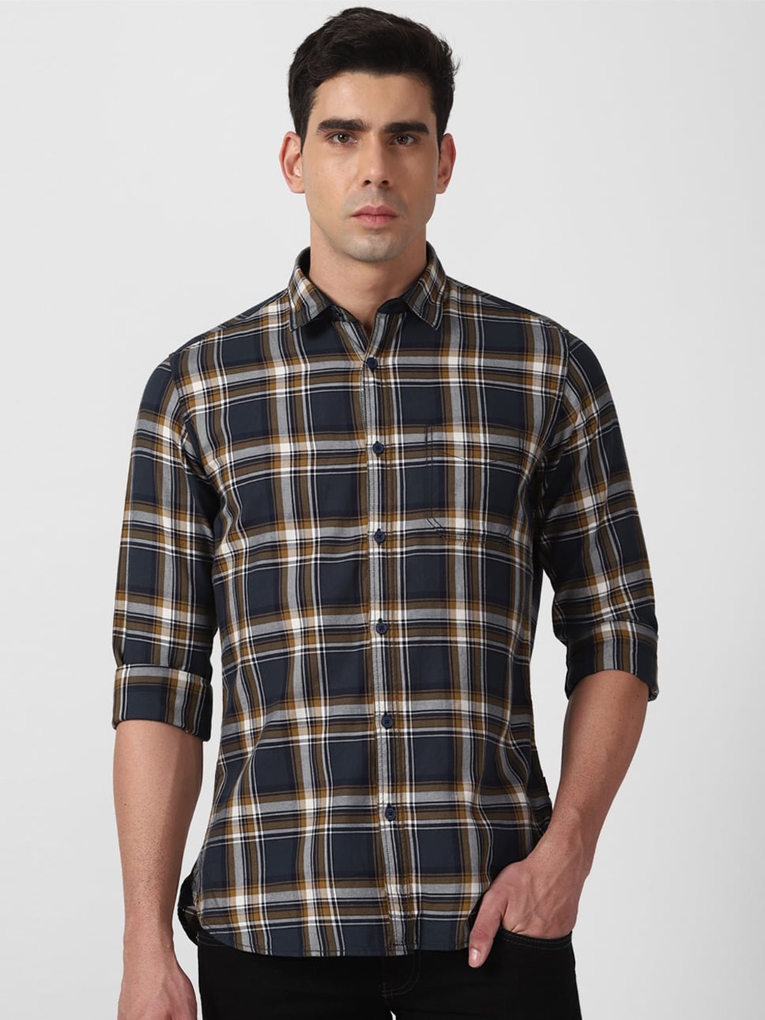 

VAN HEUSEN DENIM LABS Slim Fit Tartan Checked Pure Cotton Casual Shirt, Blue
