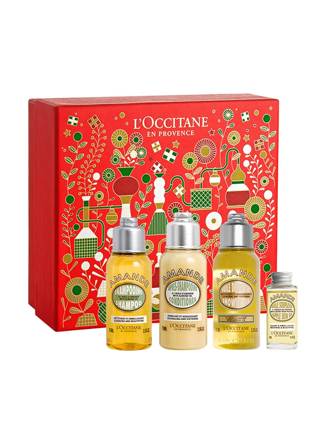 

LOccitane en Provence Almond Shower Oil-Shampoo-Conditioner -75ml Each<br>Skin Oil -15ml, Yellow