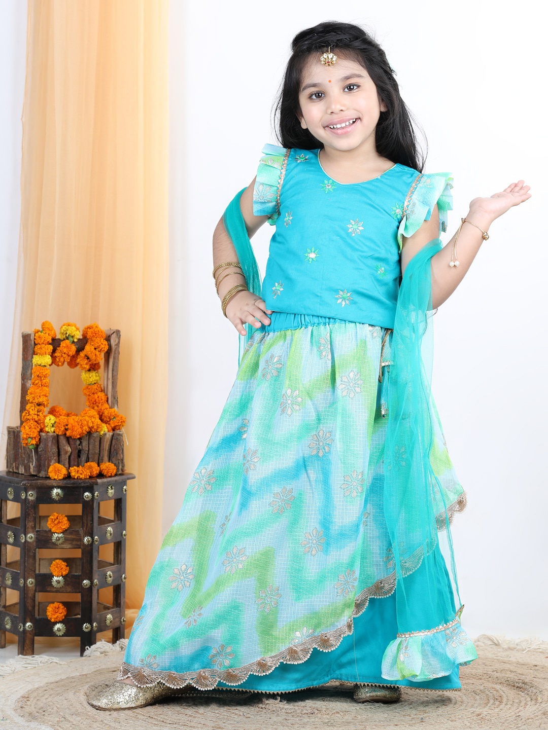 

Kinder Kids Girls Embroidered Ready to Wear Lehenga & Blouse With Dupatta, Blue