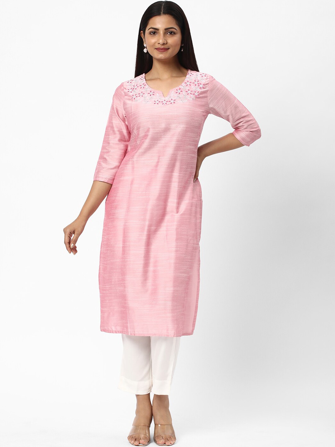 

R&B Floral Embroidered Straight Kurta, Pink