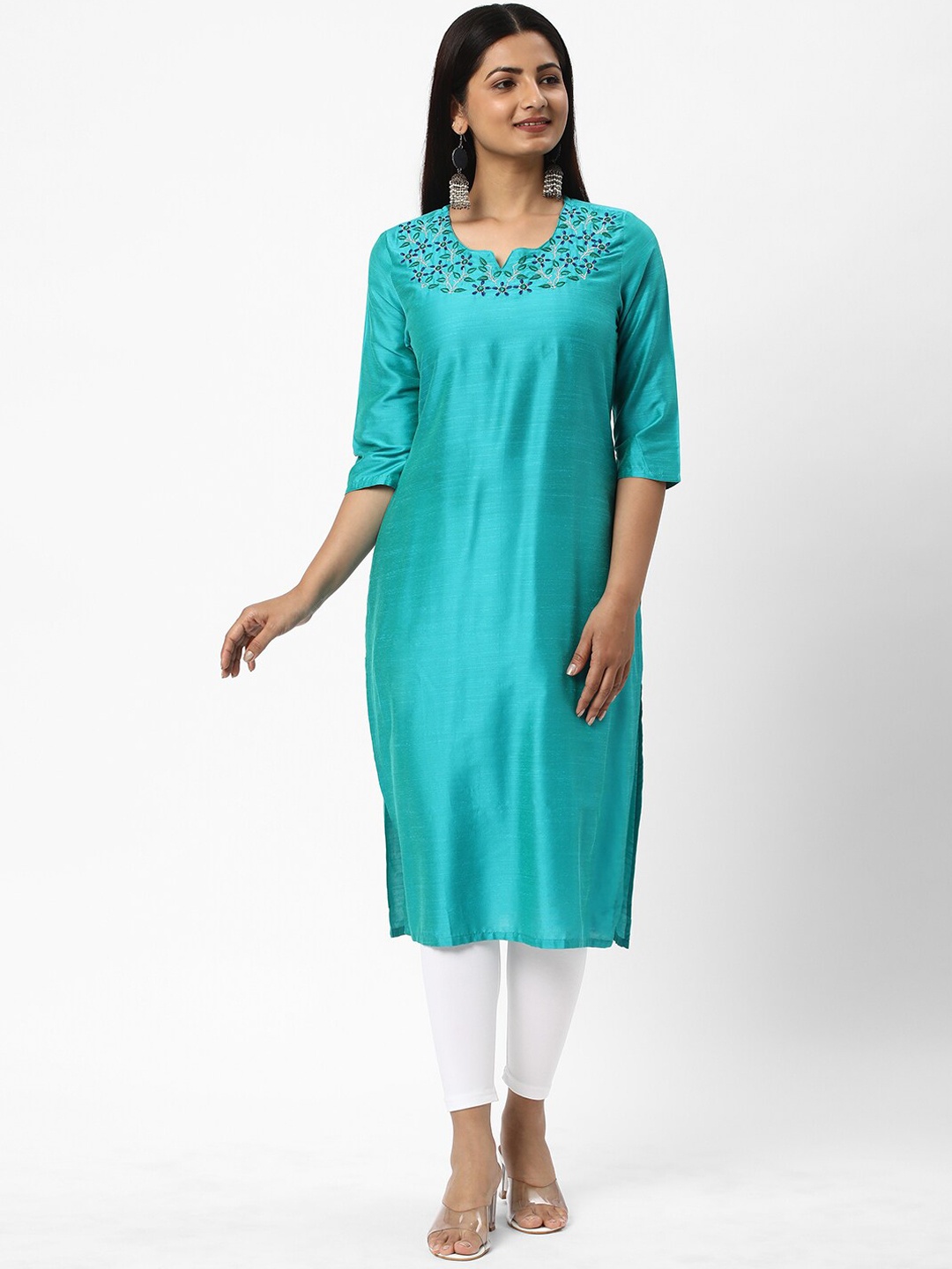 

R&B Floral Embroidered Round Neck Regular Kurta, Blue