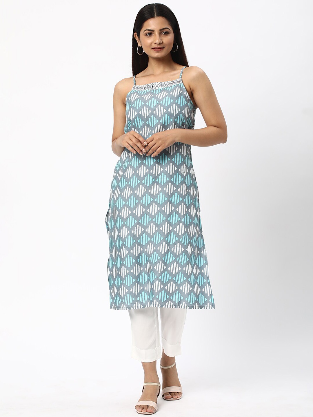 

R&B Geometric Printed Mirror Work Kurta, Grey