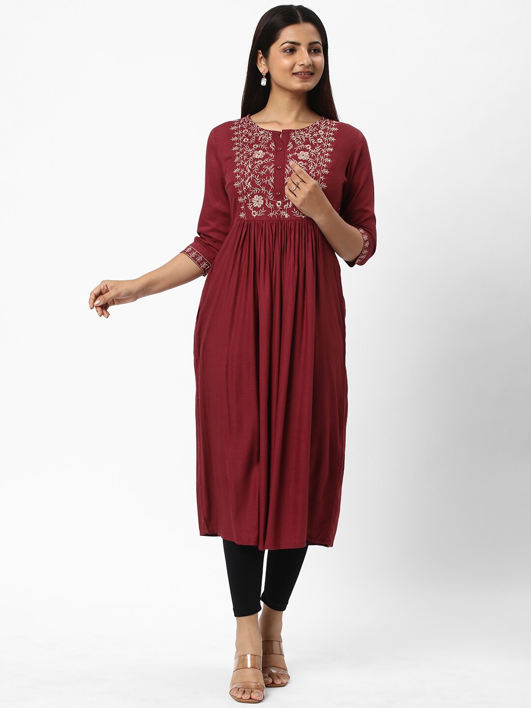 R&B Floral Embroidered Round Neck A-Line Pleated Kurta, Burgundy