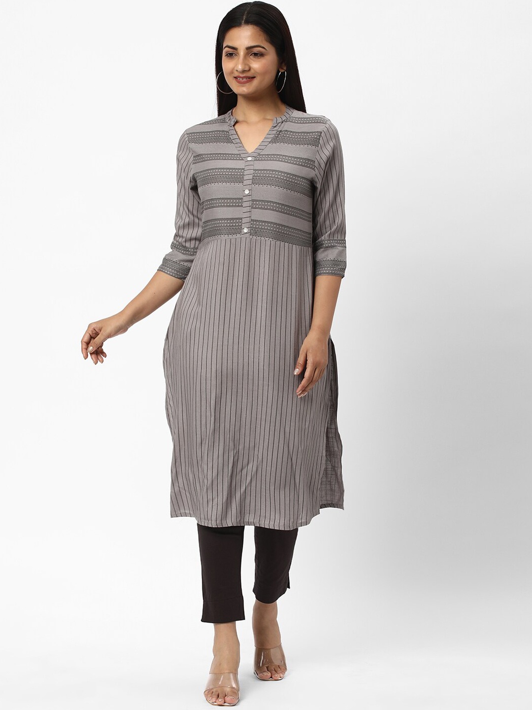 

R&B Striped Mandarin Collar Straight Kurta, Grey