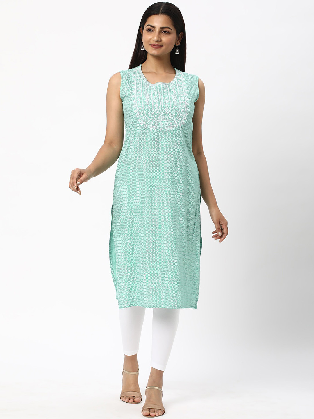 

R&B Ethnic Motifs Embroidered Round Neck Sleeveless Regular Kurta, Green