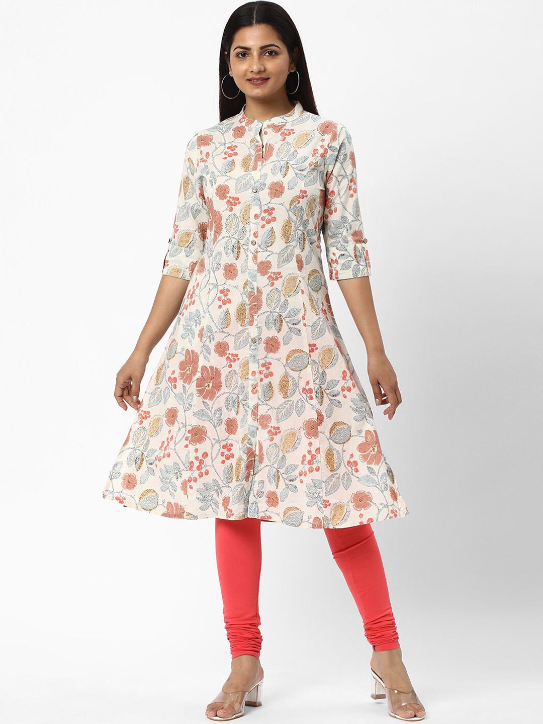 

R&B Floral Printed Mandarin Collar Cotton A-line Kurta, White