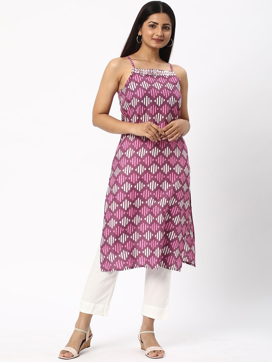 

R&B Geometric Printed Thread Work Kurta, Red