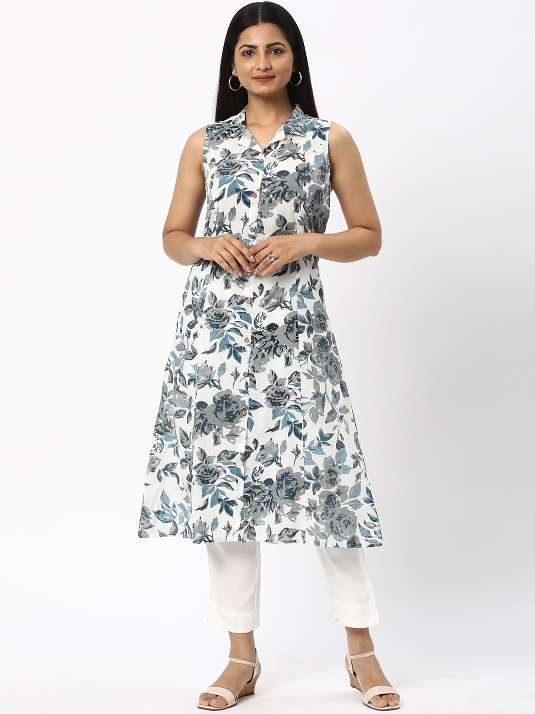 

R&B Floral Printed Shirt Collar A-Line Kurta, Blue