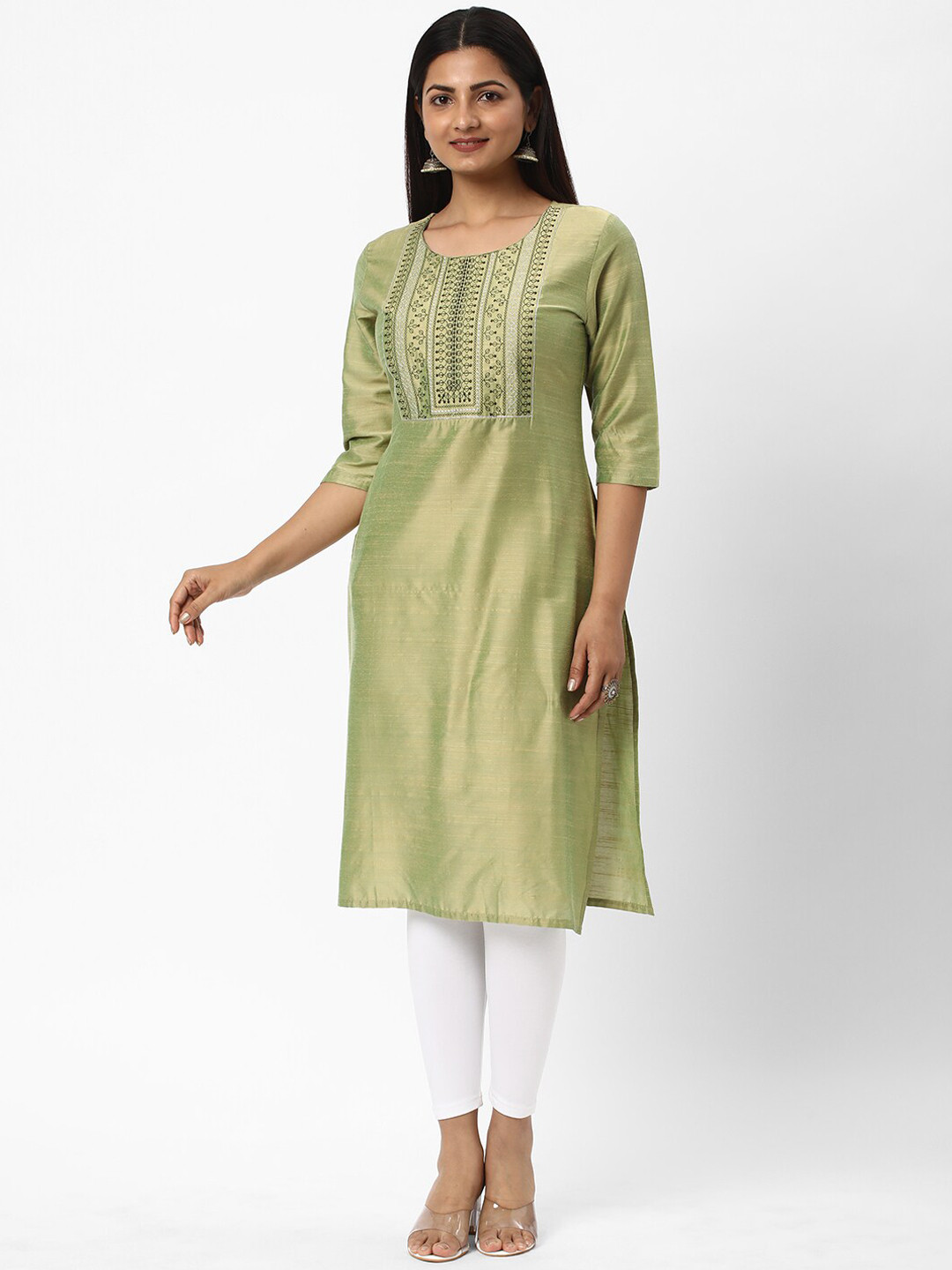 

R&B Floral Embroidered Round Neck Kurta, Olive