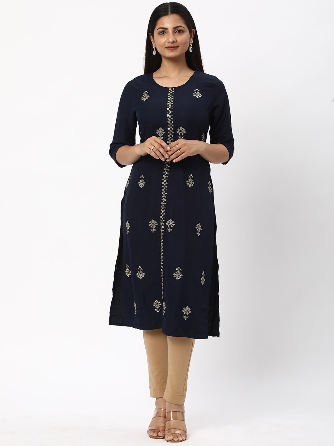

R&B Ethnic Motifs Embroidered Sequinned Kurta, Navy blue
