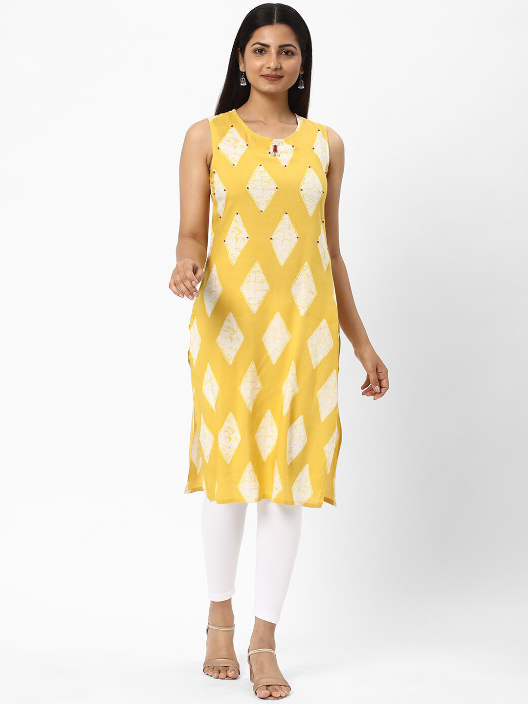 

R&B Geometric Printed Round Neck Beads & Stone Studded Regular Kurta, Yellow