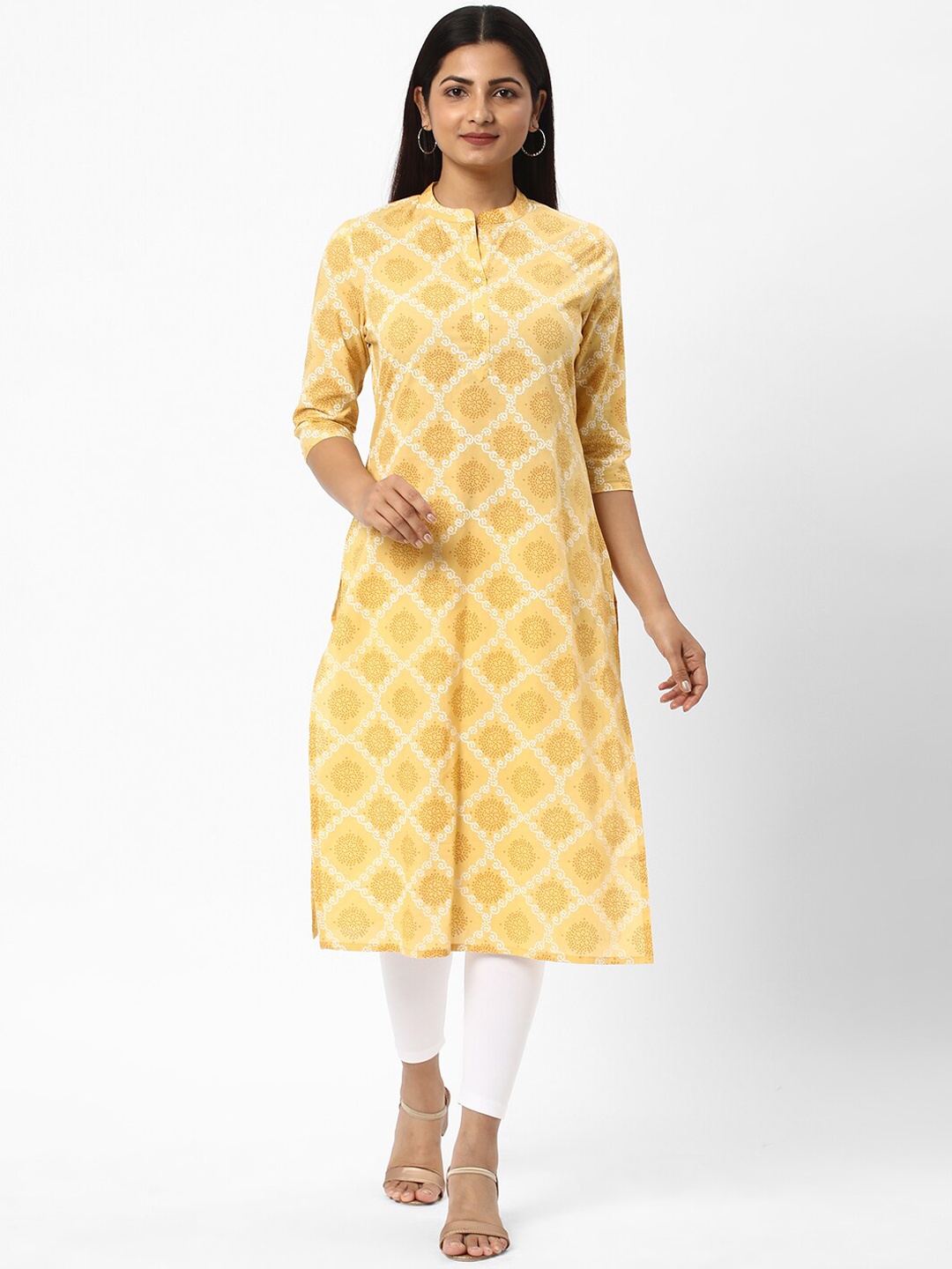 

R&B Ethnic Motifs Printed Mandarin Collar Cotton Regular Kurta, Yellow