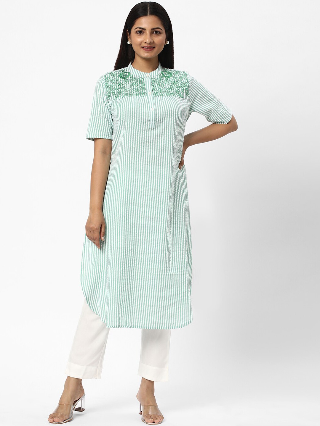 

R&B Striped Band Collar Thread Work Detail Straight Kurta, Green