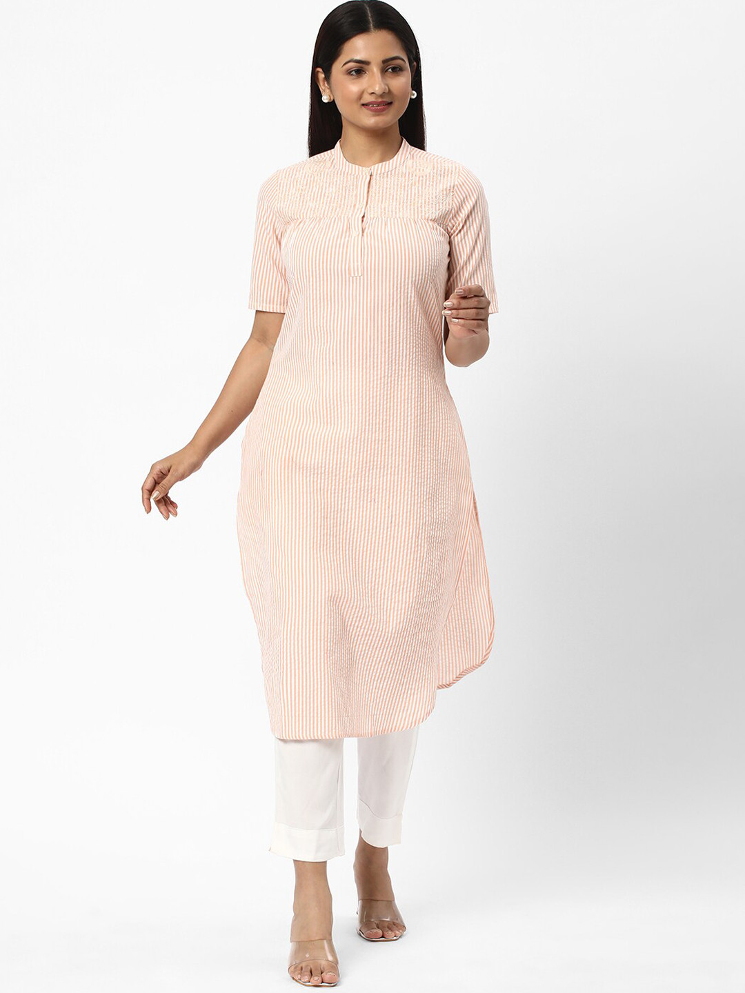 

R&B Striped Band Collar Thread Work Detail Straight Kurta, Pink