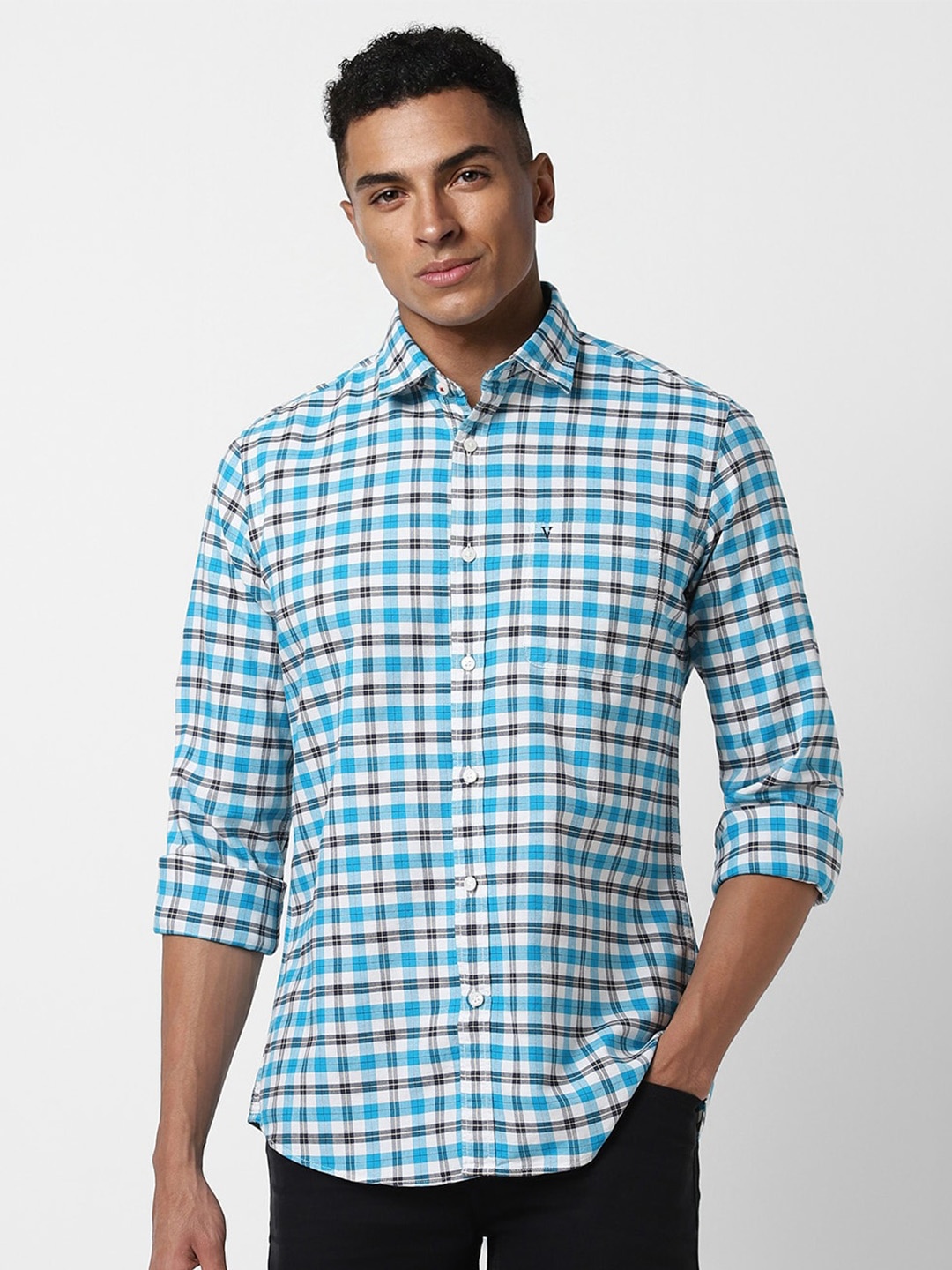 

Van Heusen Sport Slim Fit Tartan Checks Spread Collar Cotton Casual Shirt, Blue